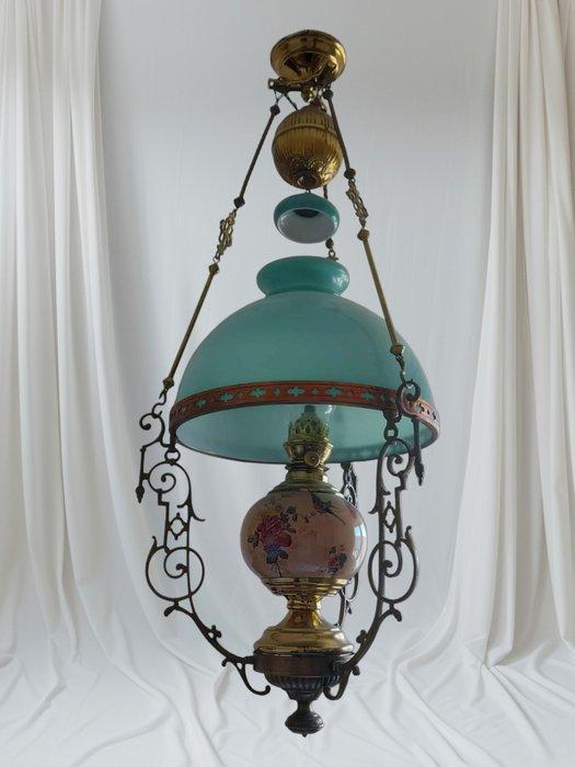 Lampe à pétrole - Bronze doré - Suspension en opaline, Antiek en Kunst, Kunst | Designobjecten