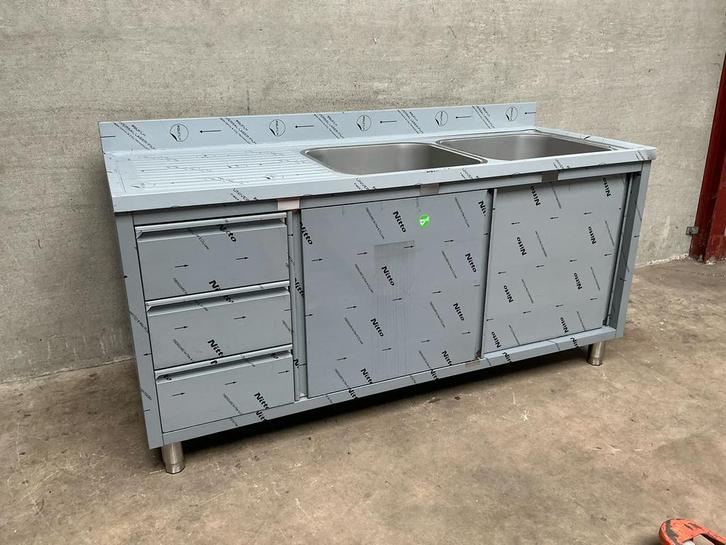 Spoeltafel met schuifdeuren en 3 laden 2 bak rechts 180cm, Zakelijke goederen, Horeca | Keukenapparatuur, Nieuw in verpakking