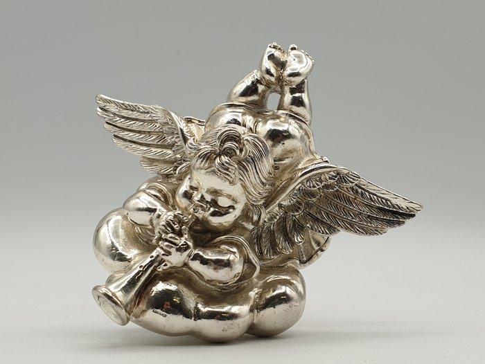 Putto alato con la tromba rivestito in Argento - Figuur -, Antiek en Kunst, Antiek | Zilver en Goud
