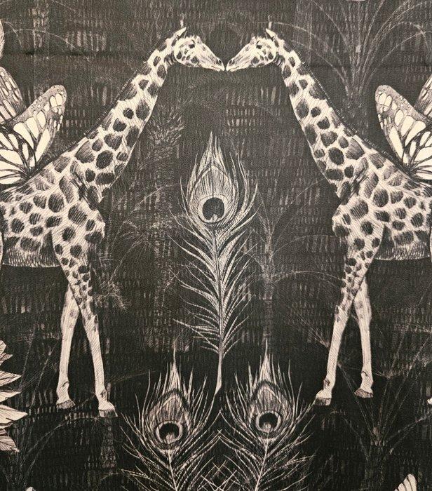 Luxe stof, licht katoen satijn met olifanten en giraffen -, Antiek en Kunst, Antiek | Tapijten, Tafelkleden en Textiel