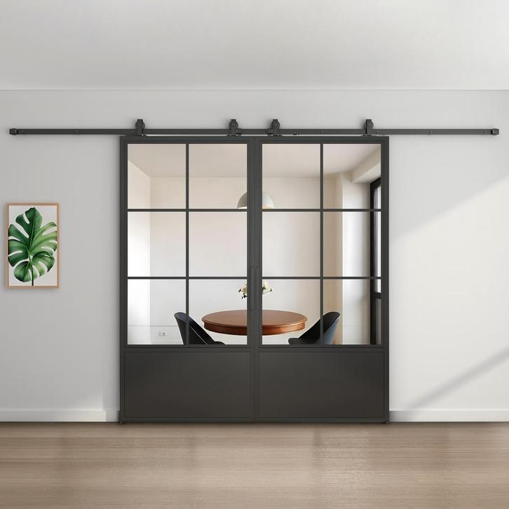 Dubbele stalen schuifdeur 6 Vlaks met kickplate Helder glas, Doe-het-zelf en Bouw, Raamkozijnen en Schuifdeuren, Inclusief glas