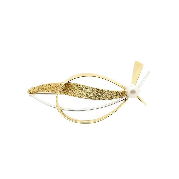 Bicolor gouden broche met parel (witgoud, modern, geelgoud), Handtassen en Accessoires, Broches, Overige kleuren, Gebruikt, Met edelsteen