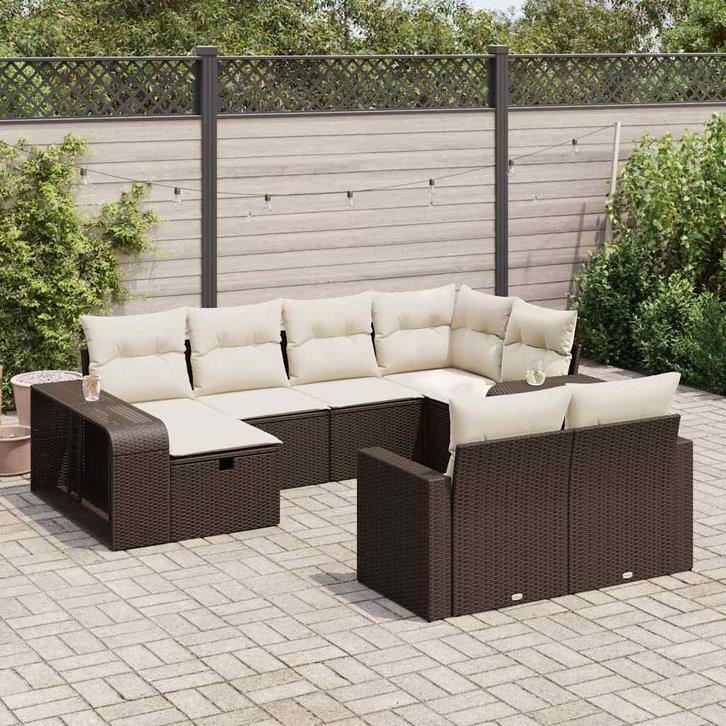 vidaXL 10-delige Loungeset met kussens poly rattan bruin, Tuin en Terras, Tuinsets en Loungesets, Loungeset, Nieuw, Verzenden