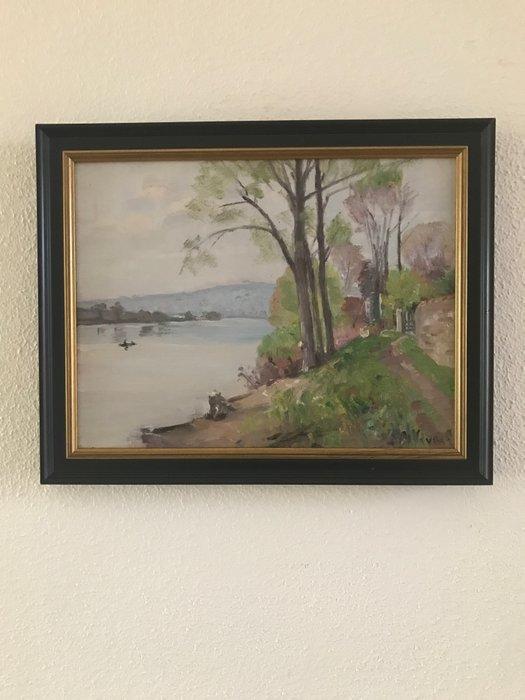 André-Léon Vivrel (1886-1976) - Le chemin en bord de Seine, Antiek en Kunst, Kunst | Schilderijen | Klassiek
