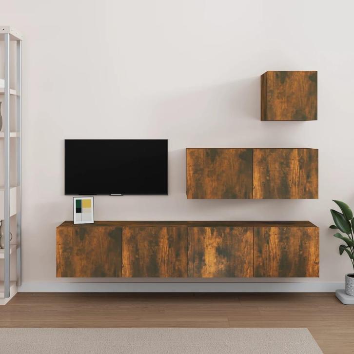 vidaXL 4-delige Tv-meubelset bewerkt hout gerookt, Huis en Inrichting, Kasten |Televisiemeubels, Nieuw, Verzenden