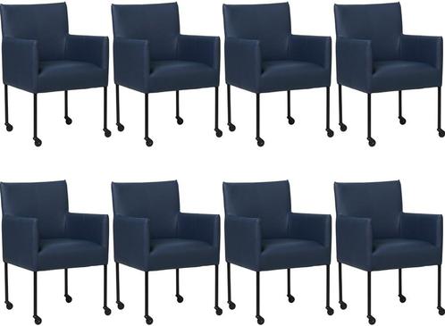 Set van 8 Blauwe leren moderne kuipstoel - poot rond zwart, Huis en Inrichting, Stoelen, Overige kleuren, Vijf, Zes of meer stoelen