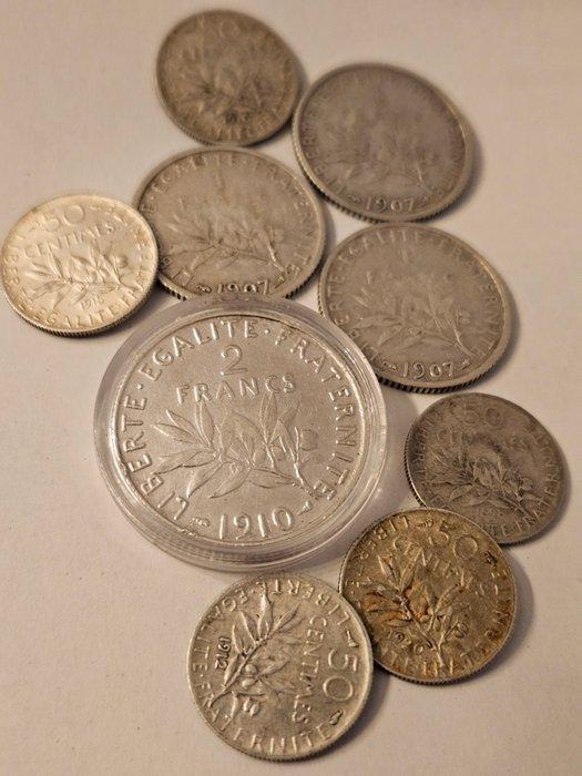 Frankrijk. Lot de 9 monnaies en argent (50 Centimes a 2, Timbres & Monnaies, Monnaies | Europe | Monnaies non-euro