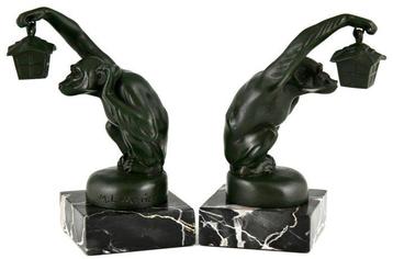 Art Deco - Max le Verrier - Sculpture, Aap met lantaarn