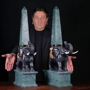 Statue, Pair of Obelisks with Elephants in Green and Black