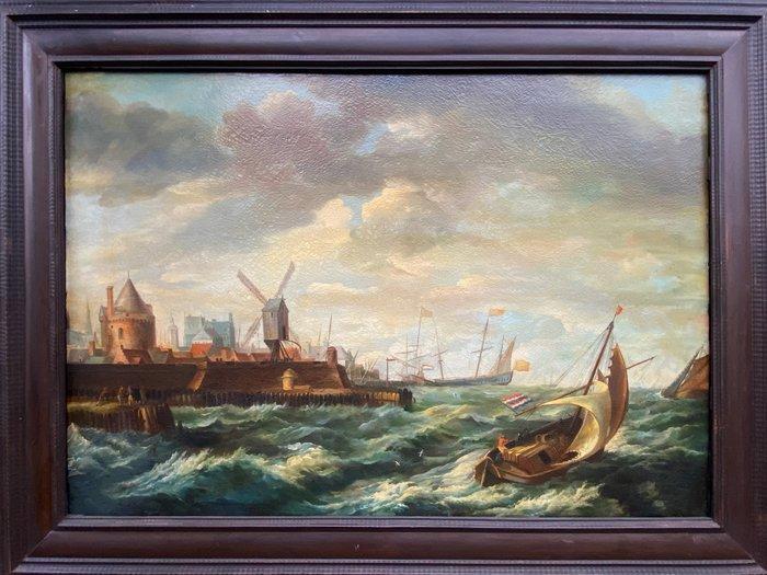 Scuola Fiamminga (XVIII-XIX) - Marina: porto di Amsterdam, Antiek en Kunst, Kunst | Schilderijen | Klassiek