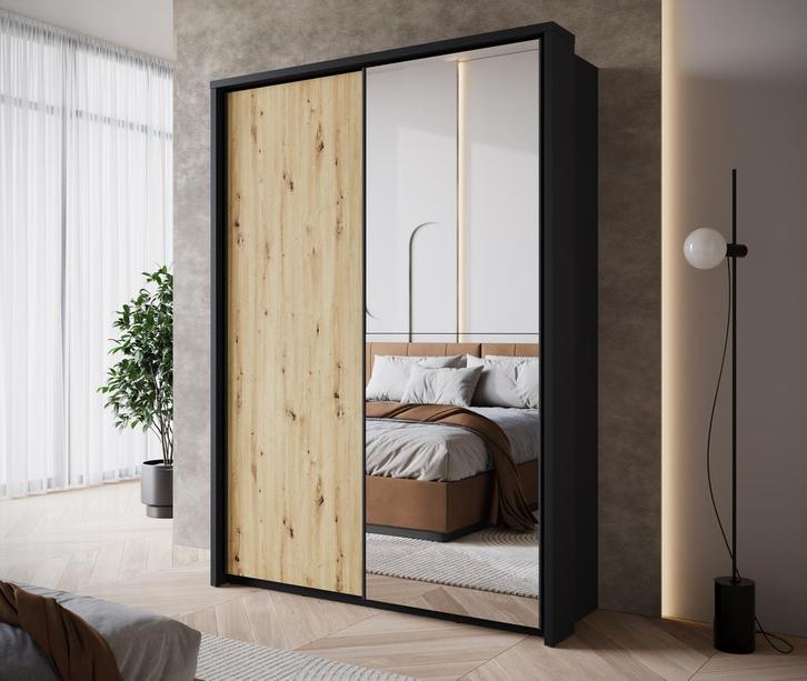 Meubella | Kledingkast 160cm eiken Garderobekast Met spiegel, Huis en Inrichting, Kasten | Overige, Nieuw, Verzenden