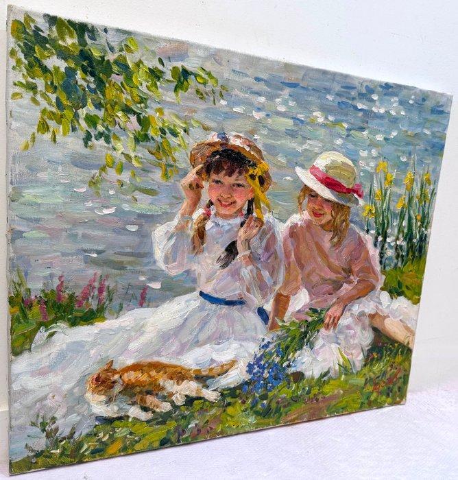 Vladimir Goussev (1957) - Deux Amies - Fillettes au Chat -, Antiquités & Art, Art | Peinture | Classique