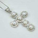 Zilver - Ketting met hanger - zilveren kruis en parels, Antiek en Kunst