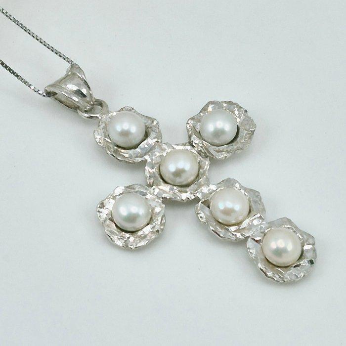 Zilver - Ketting met hanger - zilveren kruis en parels, Antiek en Kunst, Curiosa en Brocante