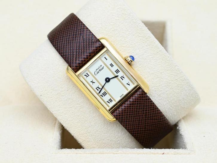 Cartier Tank Ref. 5057001 Year 1989 (Box & Papers), Handtassen en Accessoires, Horloges | Dames, Leer, Zo goed als nieuw, Goud