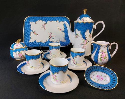 Koffieservies - Ecailles bleues et fleurs - Porselein,, Antiek en Kunst, Curiosa en Brocante