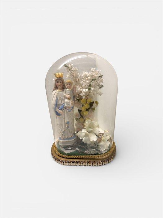 Beeldje - Maria onder stolp - 28 cm - Hout, Glas, Porselein, Antiquités & Art, Antiquités | Livres & Manuscrits