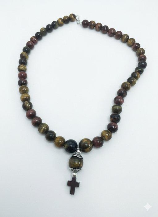 Gemengde edelstenen - Zilver - Ketting - tijgeroog - kruis, Antiek en Kunst, Curiosa en Brocante
