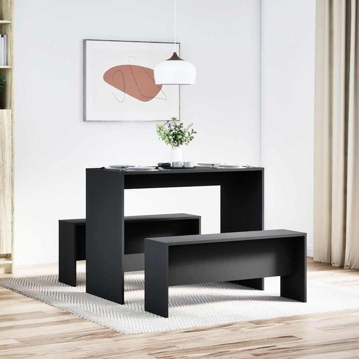 vidaXL 3-delige Eettafel en bankenset bewerkt hout zwart, Huis en Inrichting, Complete eetkamers, Nieuw, Verzenden