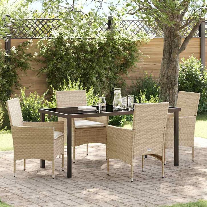vidaXL Tuin Eettafel Set met kussen 5 pcs Beige poly rattan, Tuin en Terras, Tuinsets en Loungesets, Nieuw, Verzenden