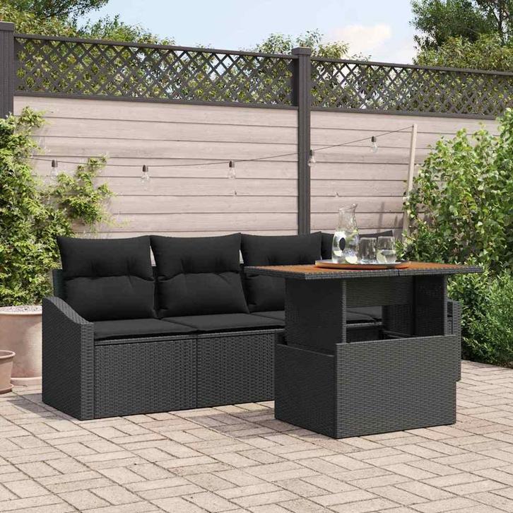 vidaXL Tuinbank Set met kussen 5 pcs Zwart Poly rattan, Tuin en Terras, Tuinsets en Loungesets, Nieuw, Verzenden