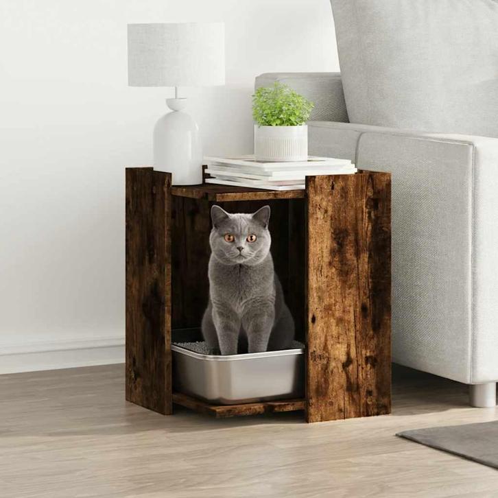 vidaXL Kattenbakkast 42x42x51 cm bewerkt hout gerookt, Dieren en Toebehoren, Katten-accessoires, Nieuw, Verzenden