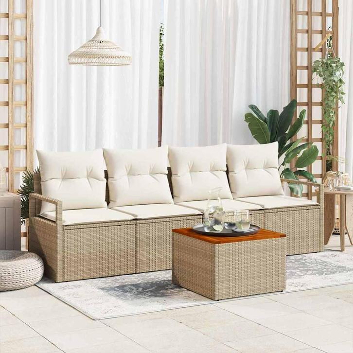 vidaXL Tuinbank Set met kussen 5 pcs Beige poly rattan, Tuin en Terras, Tuinsets en Loungesets, Nieuw, Verzenden