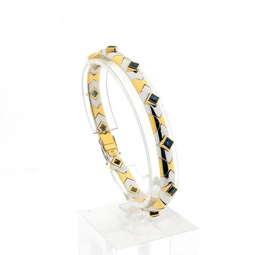 18 Krt. Bicolor gouden fantasie armband met saffier | 20 cm, Handtassen en Accessoires, Armbanden, Overige kleuren, Gebruikt, Met edelsteen