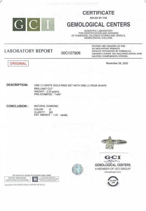 Zonder minimumprijs - Ring - 14 karaat Witgoud - 1.01ct. tw., Handtassen en Accessoires, Ringen