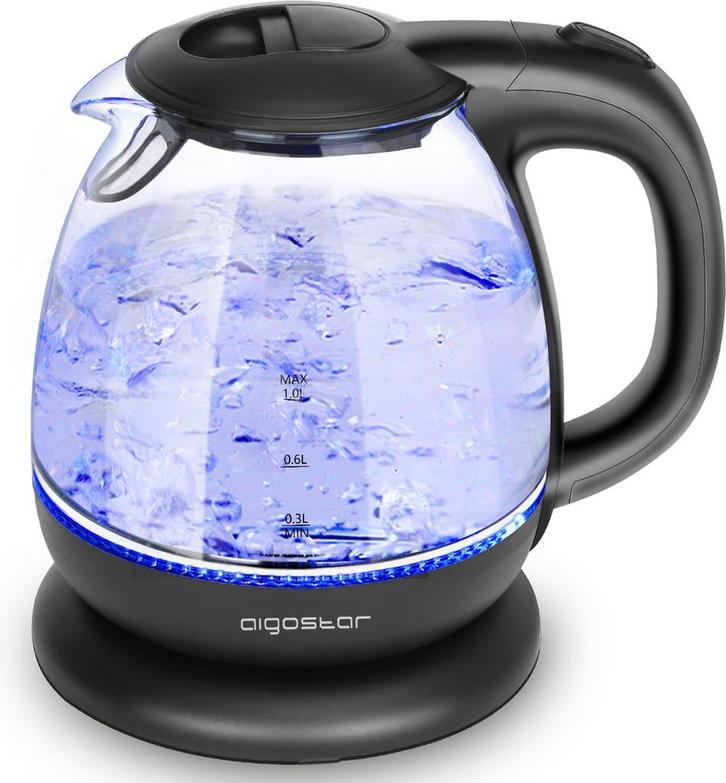 Waterkoker glas - met LED - Elektrisch - 1L - 2200W - Zwart, Computers en Software, Overige Computers en Software, Verzenden