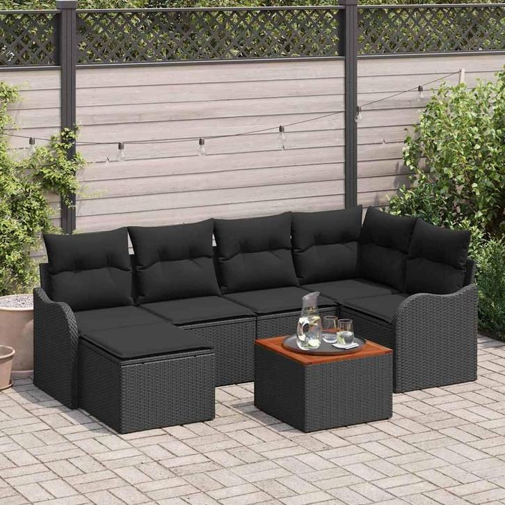 vidaXL Tuinbank Set 7 pcs Zwart Poly rattan, Tuin en Terras, Tuinsets en Loungesets, Nieuw, Verzenden