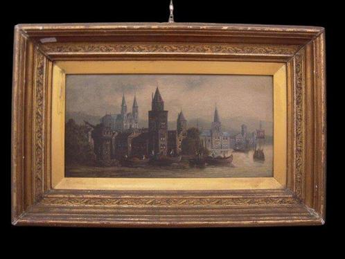 European school (XIX) - Veduta di città con barche sul fiume, Antiek en Kunst, Kunst | Schilderijen | Klassiek