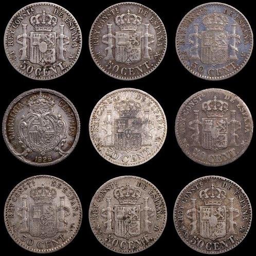 Spanje. Alfonso XIII. 50 centimos 1880-1926 (9 monedas), Postzegels en Munten, Munten | Europa | Niet-Euromunten