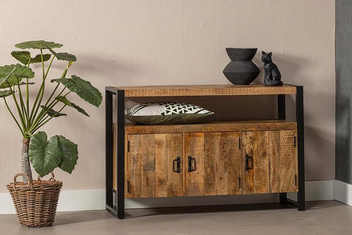 Dressoir Mangohout Kensi 140 3 Deuren, Huis en Inrichting, Kasten | Dressoirs, Nieuw, Verzenden