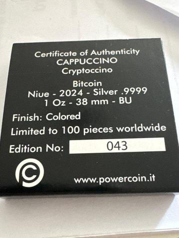 Niue. 2 Dollars 2024 Bitcoin CAPPUCCINO, 1 Oz (.999) mit CoA