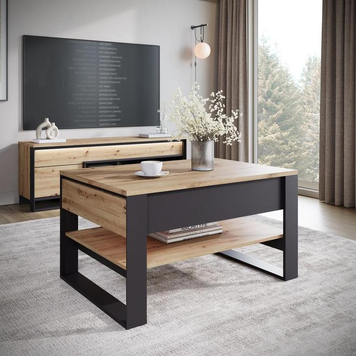 Meubella Salontafel eiken zwart 100x70x55 cm - Met 2 lades, Huis en Inrichting, Tafels | Salontafels, Nieuw, 50 tot 100 cm, 50 tot 75 cm