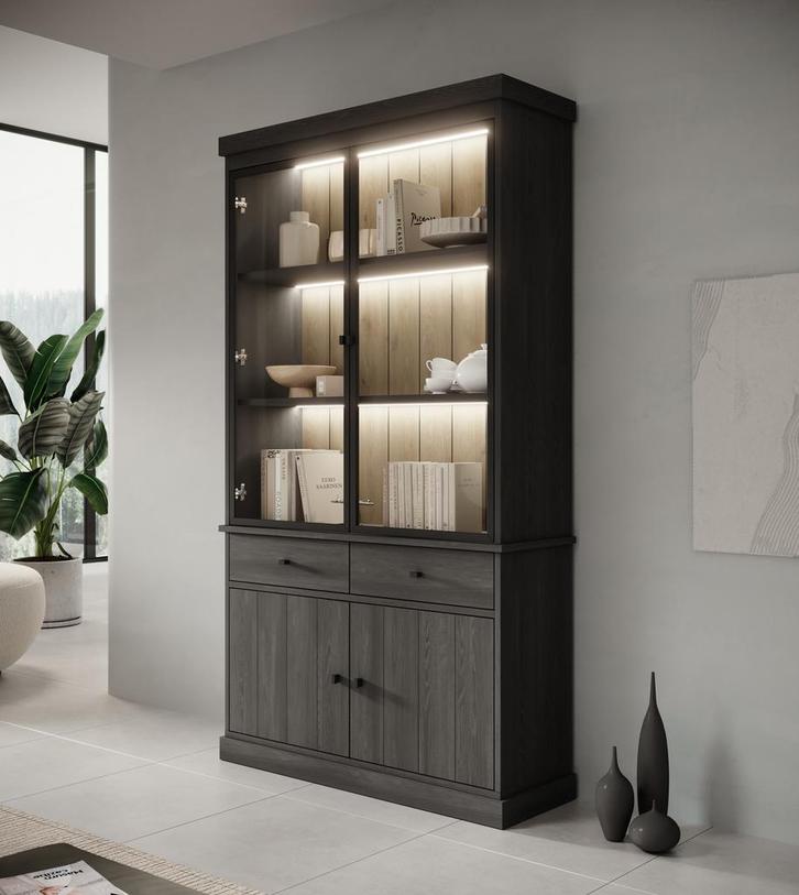 Meubella | Buffetkast zwart eiken 124cm - Vitrinekast, Huis en Inrichting, Kasten | Buffetkasten, 25 tot 50 cm, Nieuw, 100 tot 150 cm