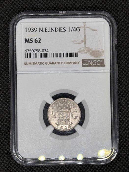Nederlands-Indië. Wilhelmina. 1/4 Gulden 1939 NGC MS62, Postzegels en Munten, Munten | Nederland
