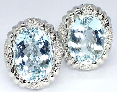Oorbellen - 18 karaat Witgoud -  14.18ct. tw. Aquamarijn -, Handtassen en Accessoires, Oorbellen