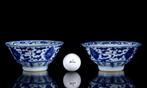 Een paar grote Chinese blauwe en witte Floral kommen (2) -