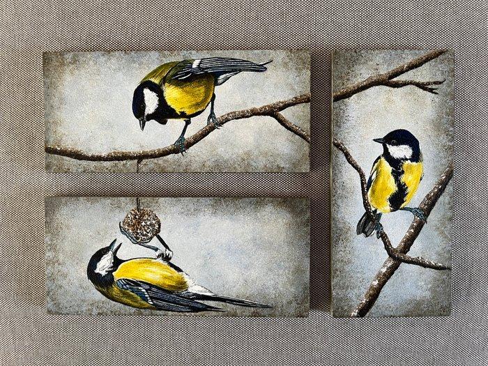 Miranda Assink (1970) - Drieluik Koolmezen, Antiquités & Art, Art | Peinture | Classique