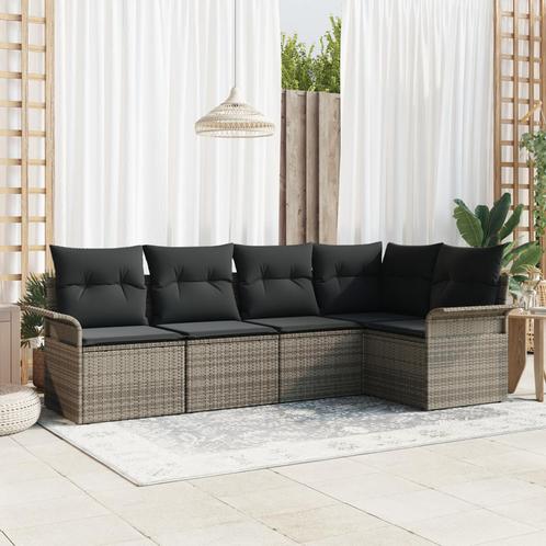 vidaXL 5-delige tuinbankset met kussens in grijs poly riet, Tuin en Terras, Tuinsets en Loungesets, Nieuw, Verzenden