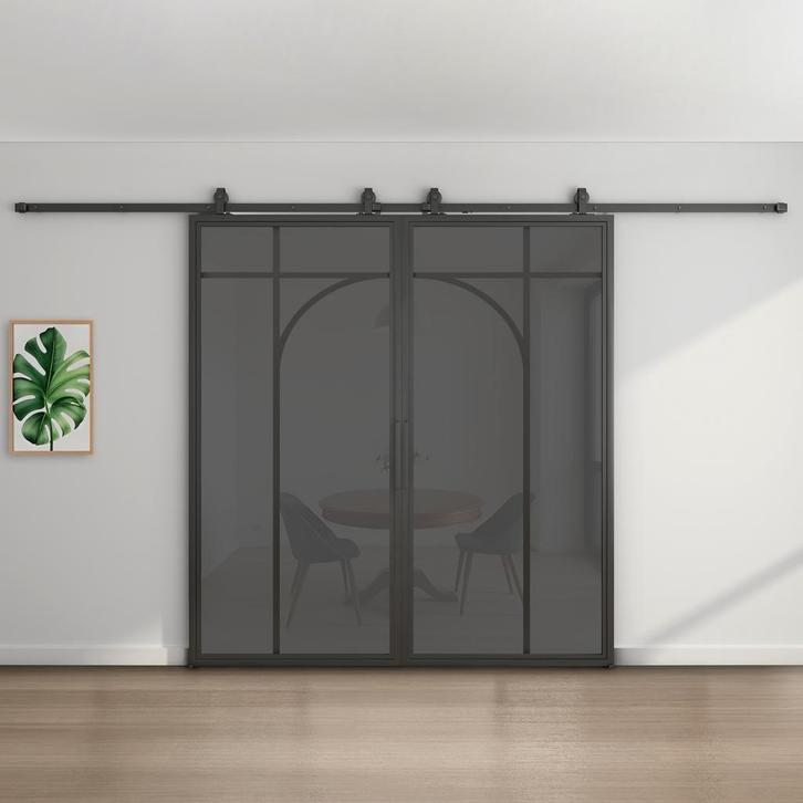 Dubbele stalen schuifdeur - Zwart - 5 Vlaks rond - Rook glas, Doe-het-zelf en Bouw, Raamkozijnen en Schuifdeuren, Inclusief glas