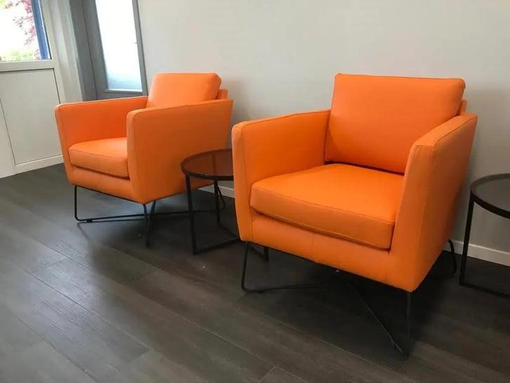 Set van 2 leren fauteuils met kruisframe - oranje leer, Huis en Inrichting, Fauteuils, Nieuw, Ophalen of Verzenden