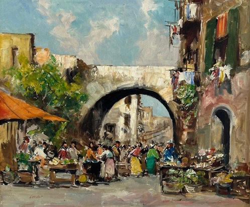 Jean Cordet (1910 - ?) - Market day in a French town, Antiquités & Art, Curiosités & Brocante