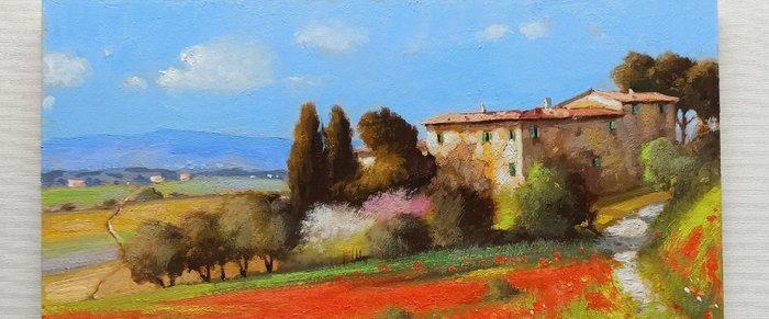 Andrea Borella (1946) - Farmhouse with red poppies - Tuscany, Antiek en Kunst, Kunst | Schilderijen | Klassiek