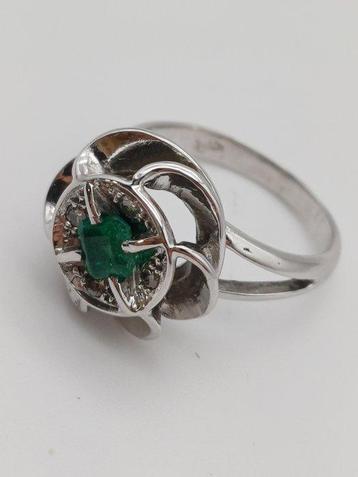 Bague de cocktail - 18 carats Or blanc Émeraude - Diamant