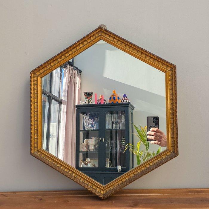 Spiegel- esagonale - Hout, Glas - bladachtige decoraties, Antiek en Kunst, Curiosa en Brocante