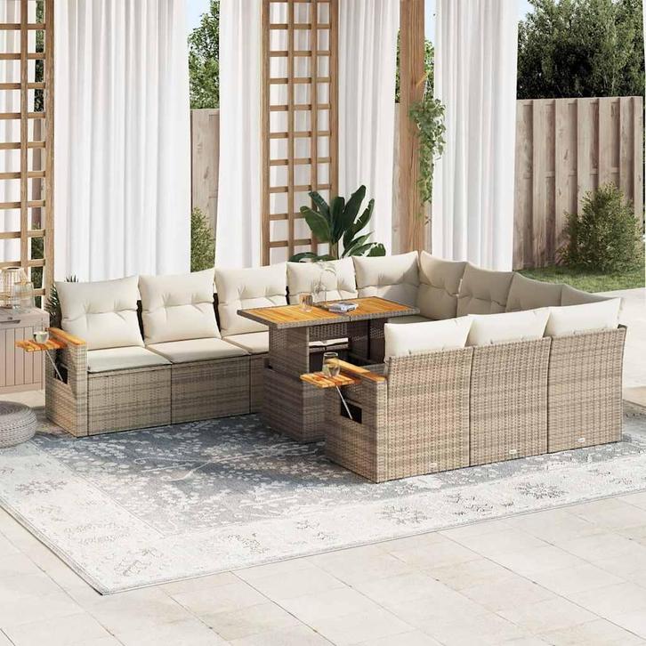 vidaXL 11-delige Tuinset met kussens poly rattan acacia, Tuin en Terras, Tuinsets en Loungesets, Tuinset, Nieuw, Verzenden