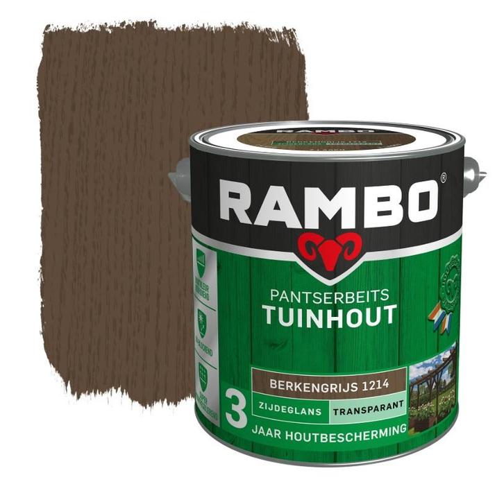 Rambo Pantserbeits Tuinhout Zijdeglans Berkengrijs 2.5L, Doe-het-zelf en Bouw, Verf, Beits en Lak, Nieuw, Verzenden
